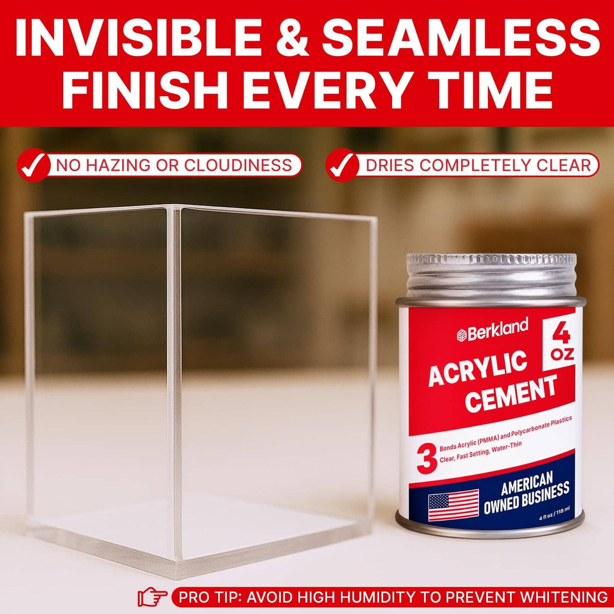 Acrylic cement canister next to clear, assembled acrylic display case corner