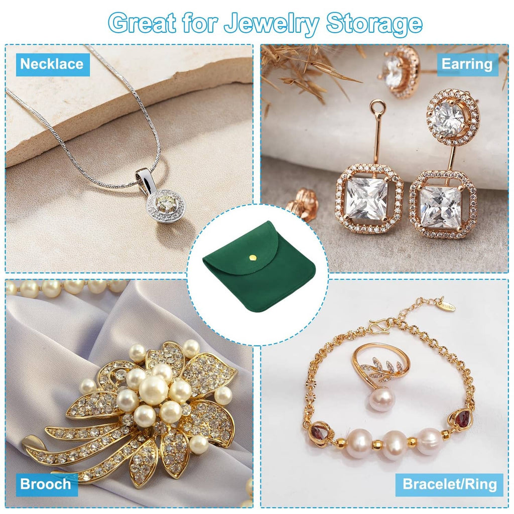 Dark green jewelry pouch shown with stored necklace, earrings, brooch, and bracelet