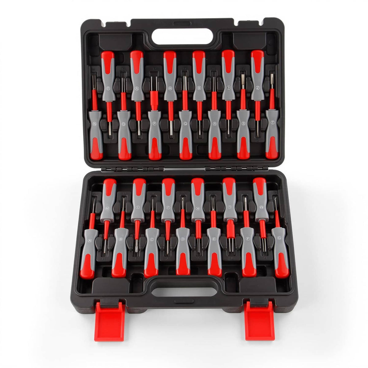 Terminal removal tool kit set in black case with red and gray tools