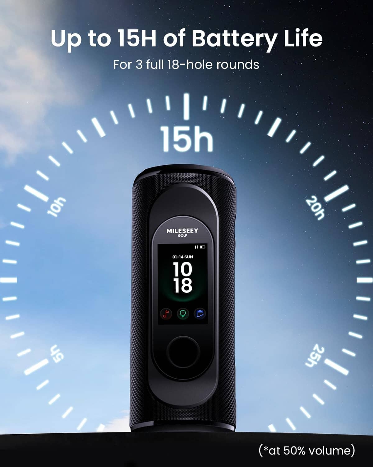 Black handheld golf GPS speaker with battery life indicator on screen