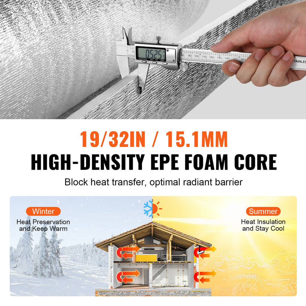 Silver reflective insulation barrier roll with foam core measured for thickness