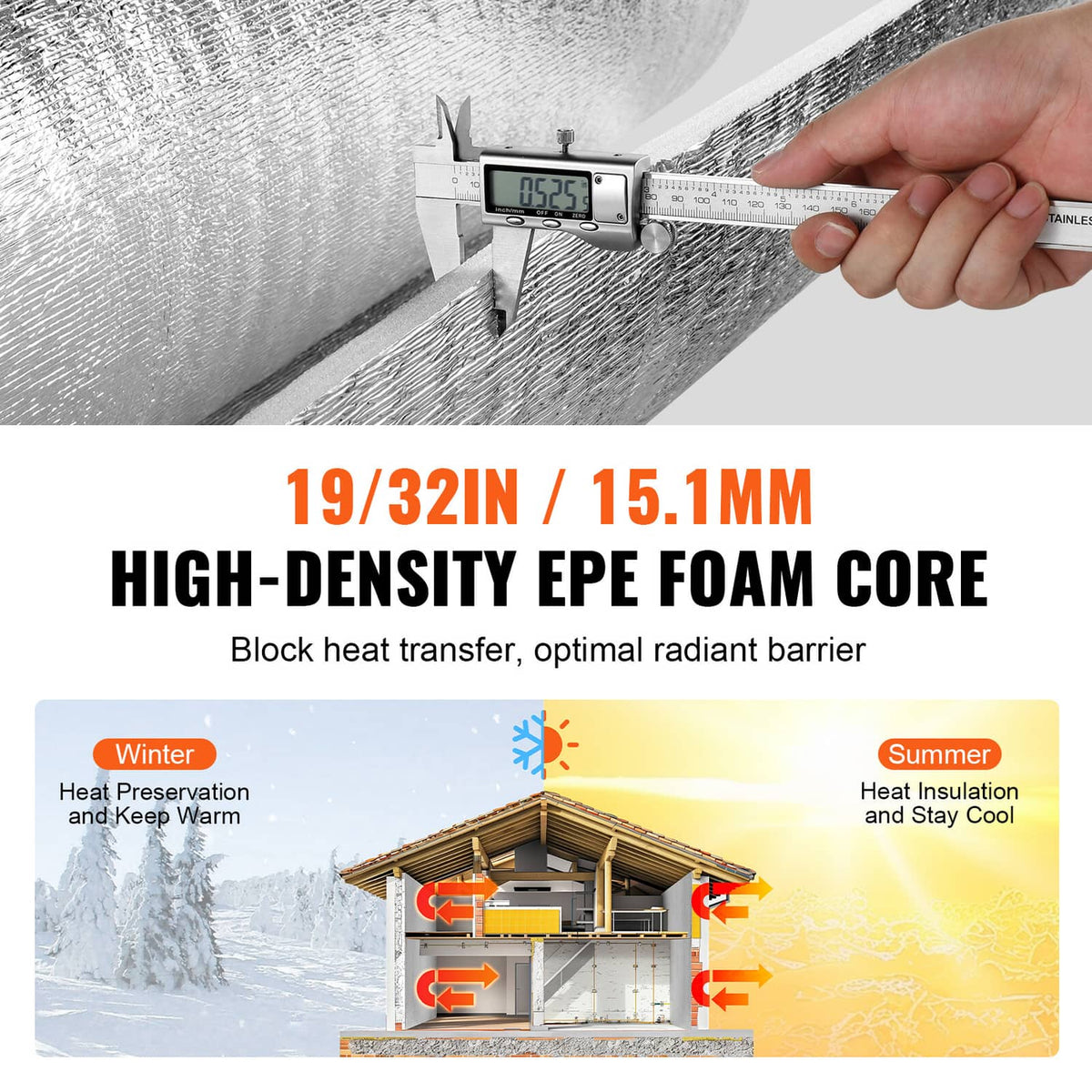 Silver reflective insulation barrier roll with foam core measured for thickness