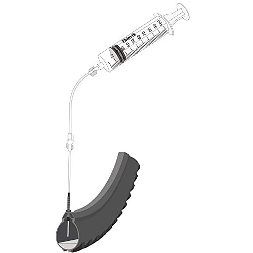 Tubeless sealant injector syringe connected to valve and tire tread in diagram