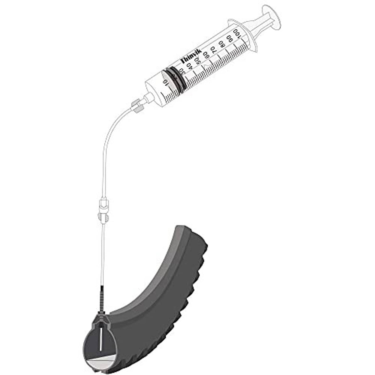 Tubeless sealant injector syringe connected to valve and tire tread in diagram