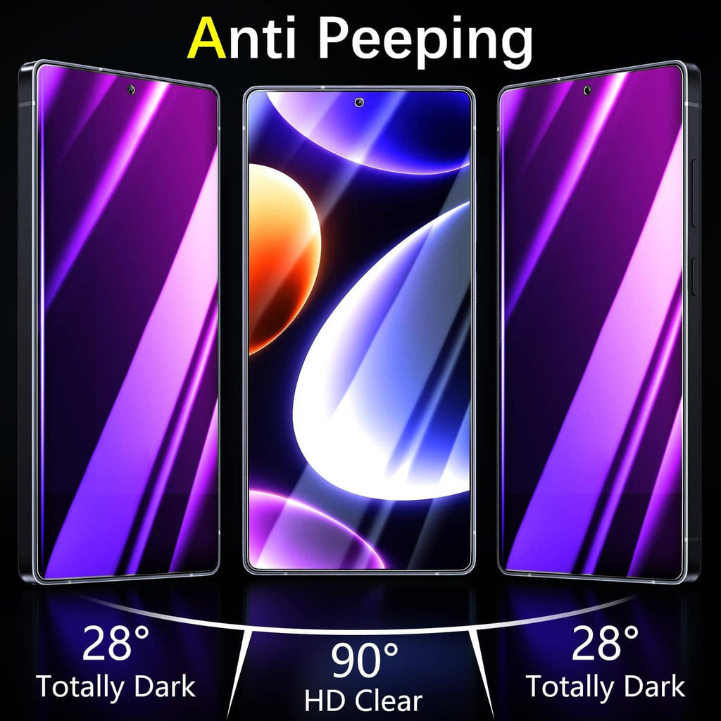 2-pack privacy screen protectors with purple tinted glass sheets, three views and rounded corners