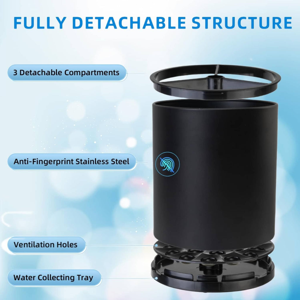 Black utensil holder with cover open, showing inner compartments and tray
