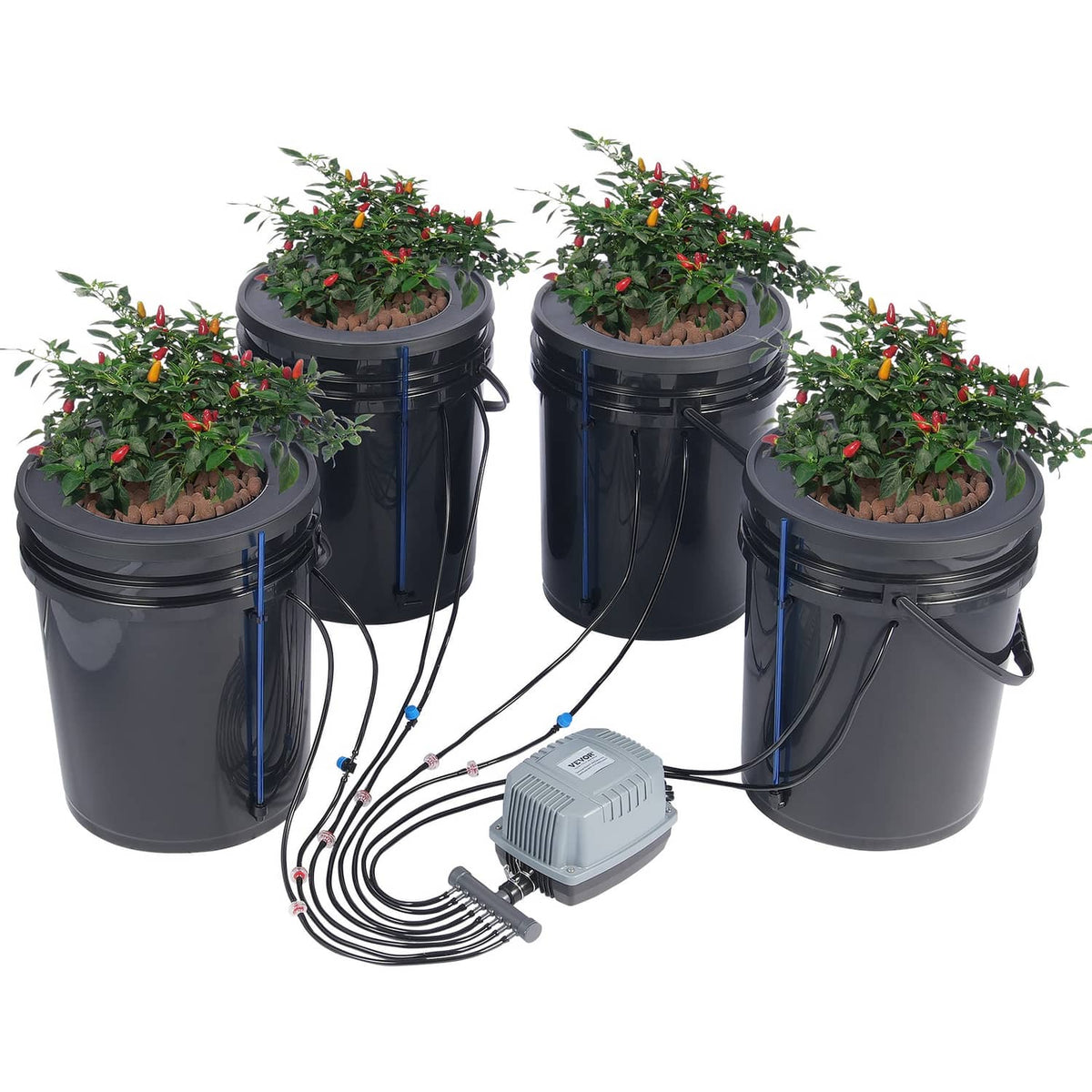 4-bucket DWC hydroponic grow system with pump, air stones, and drip tubing