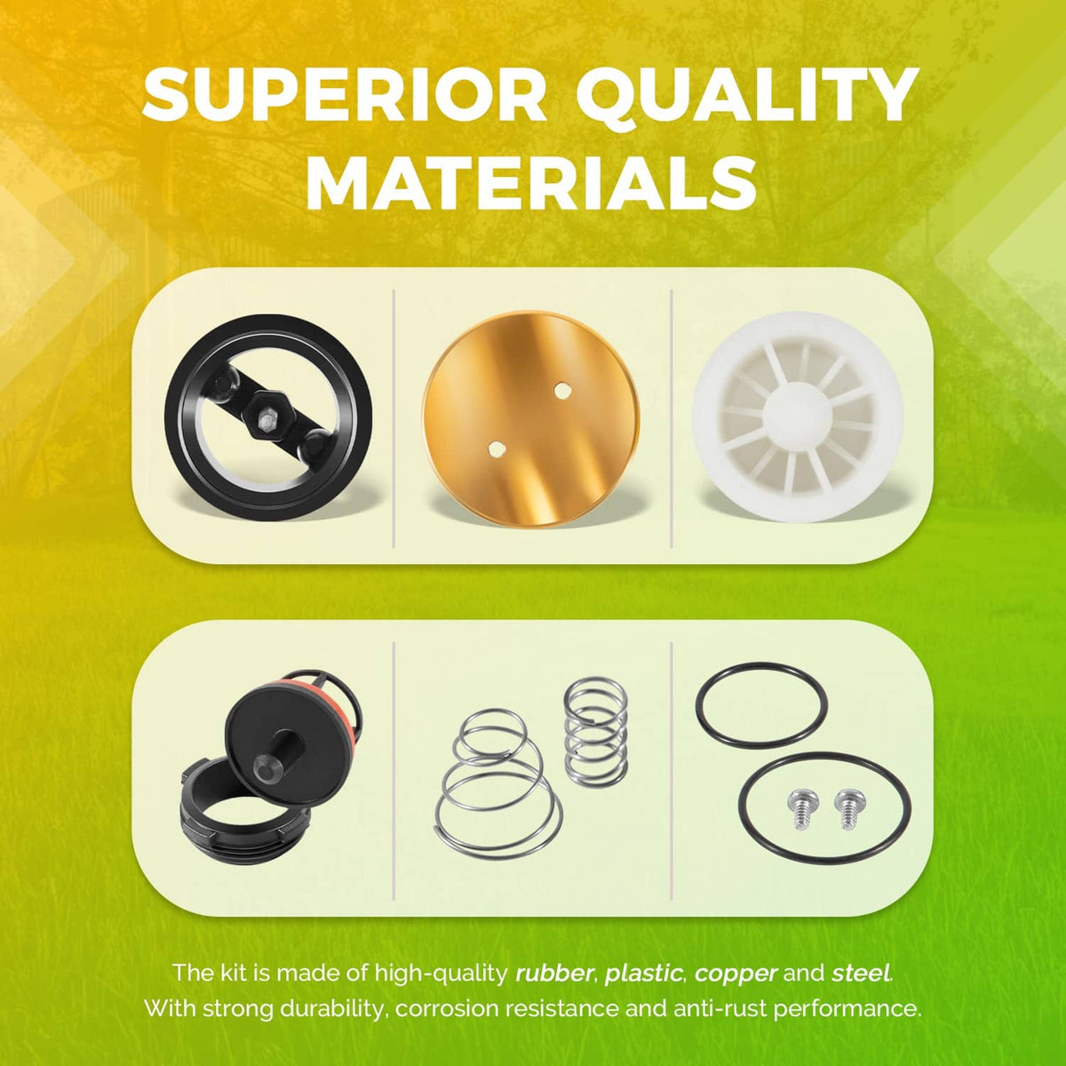 Pressure vacuum breaker repair kit materials: brass hood, black components, white vent parts