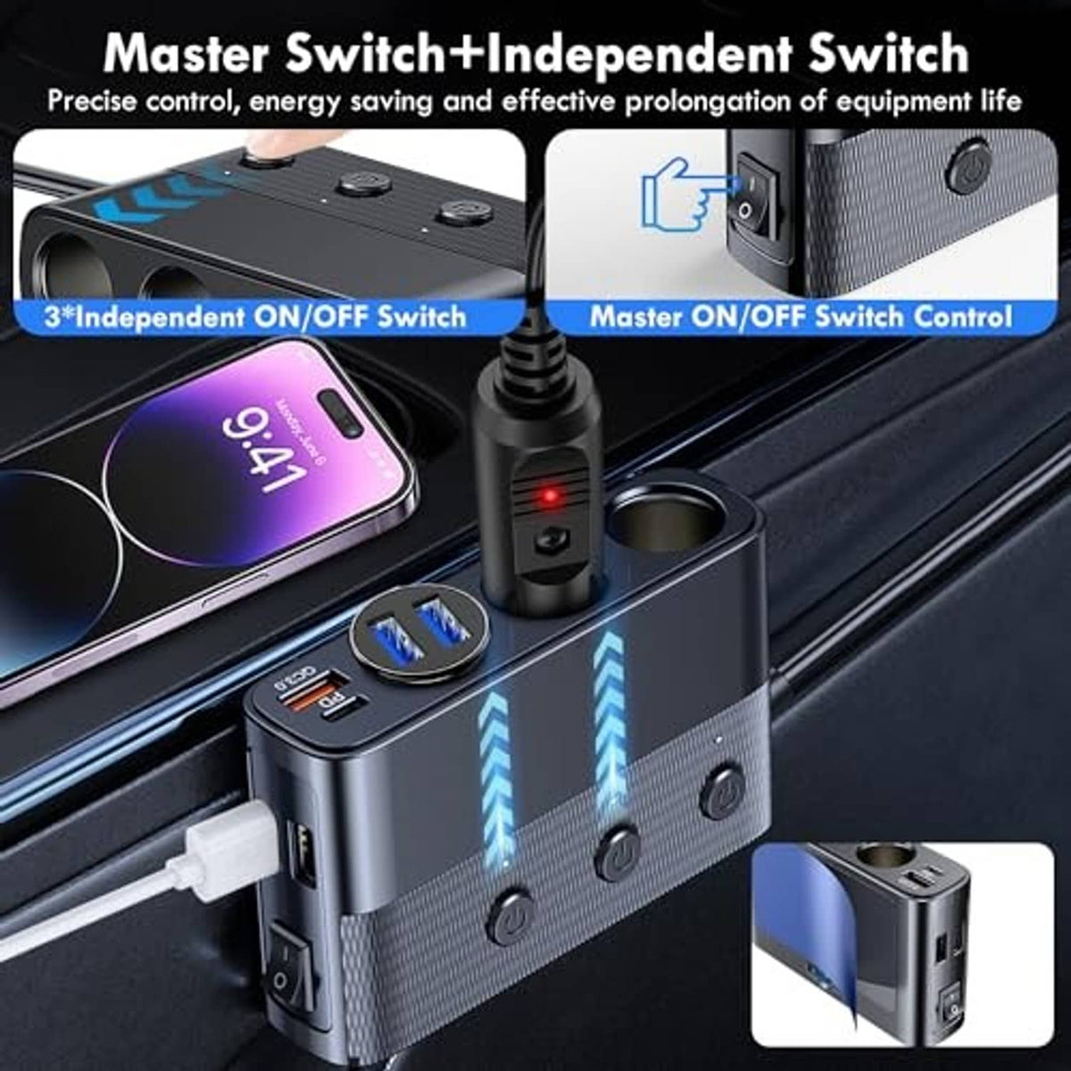 Car charger splitter with master switch and 3 independent on/off switches, USB QC ports