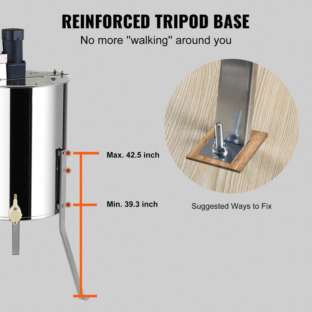 Reinforced tripod base electric honey extractor with stainless steel drum