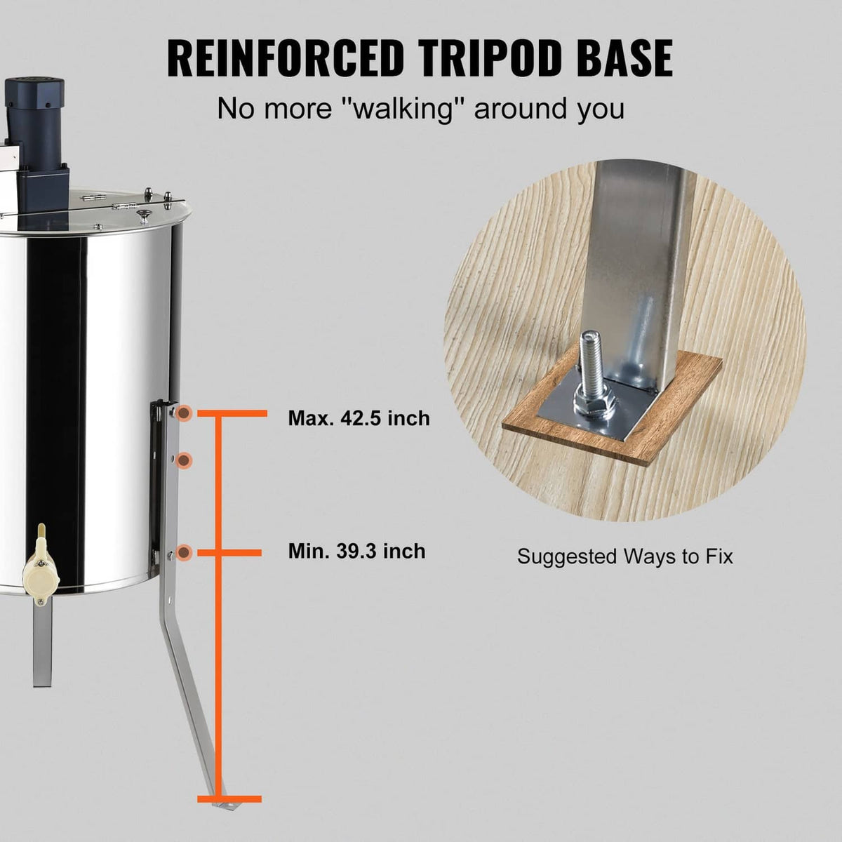 Reinforced tripod base electric honey extractor with stainless steel drum