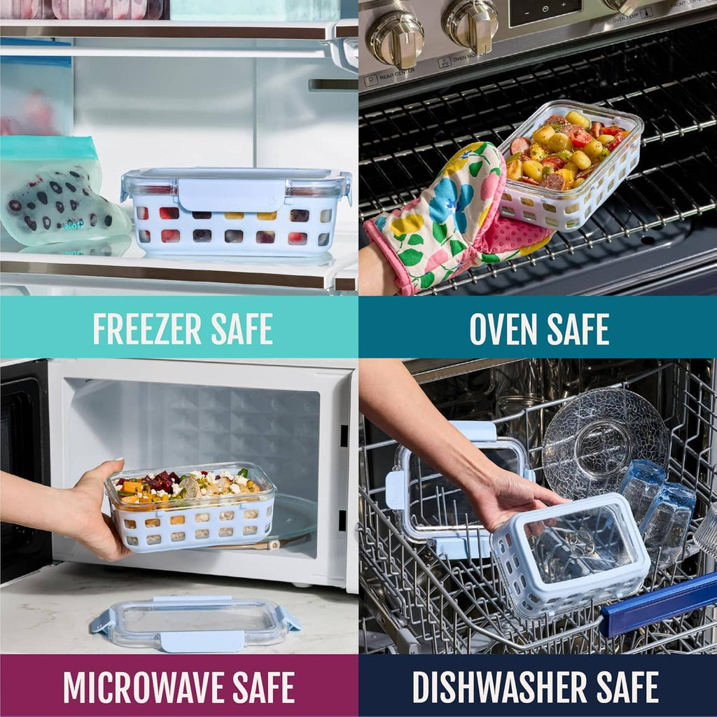 Glass meal prep containers with snap lids shown in freezer and oven and dishwasher use