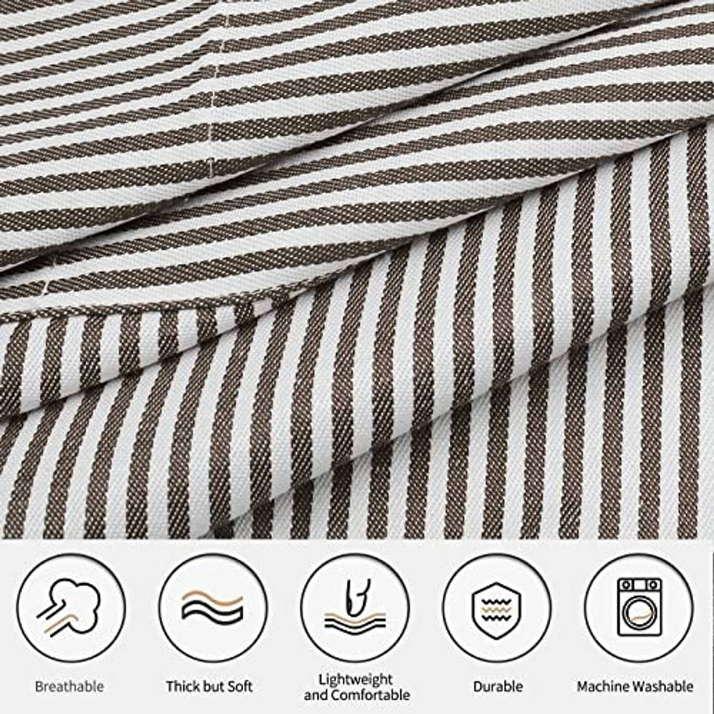 Close-up of striped apron fabric in alternating light and dark vertical lines