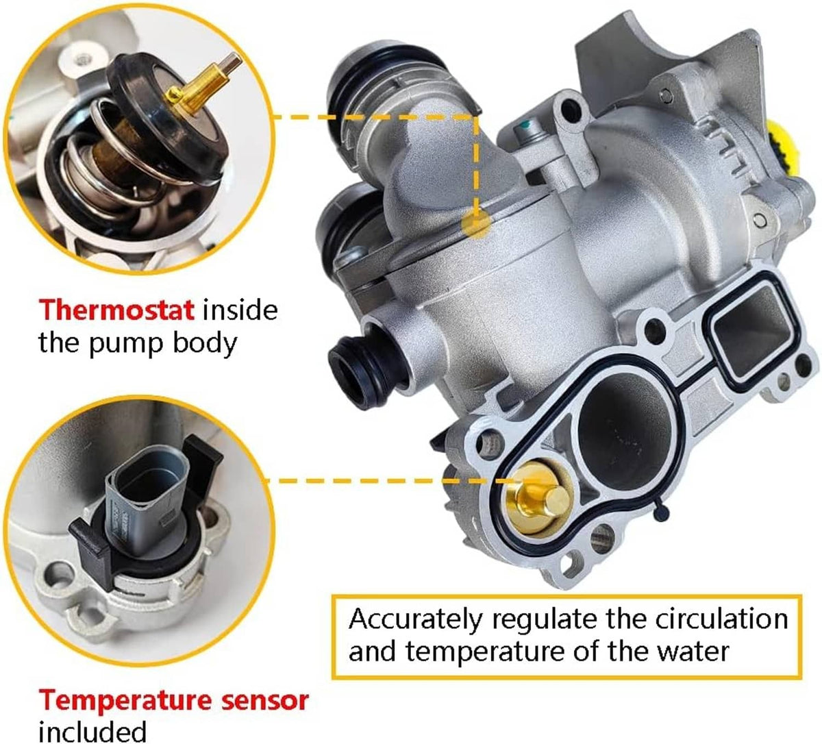 Water pump with thermostat and water temperature sensor included, silver aluminum body