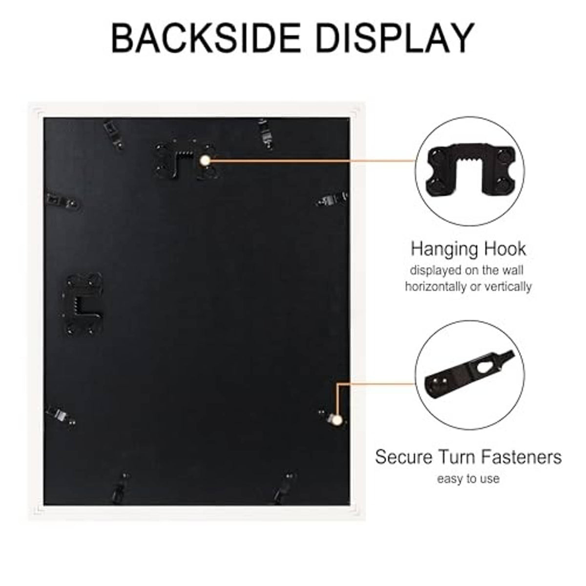 Picture frames with black backboard, hanging hook, and secure turn fasteners
