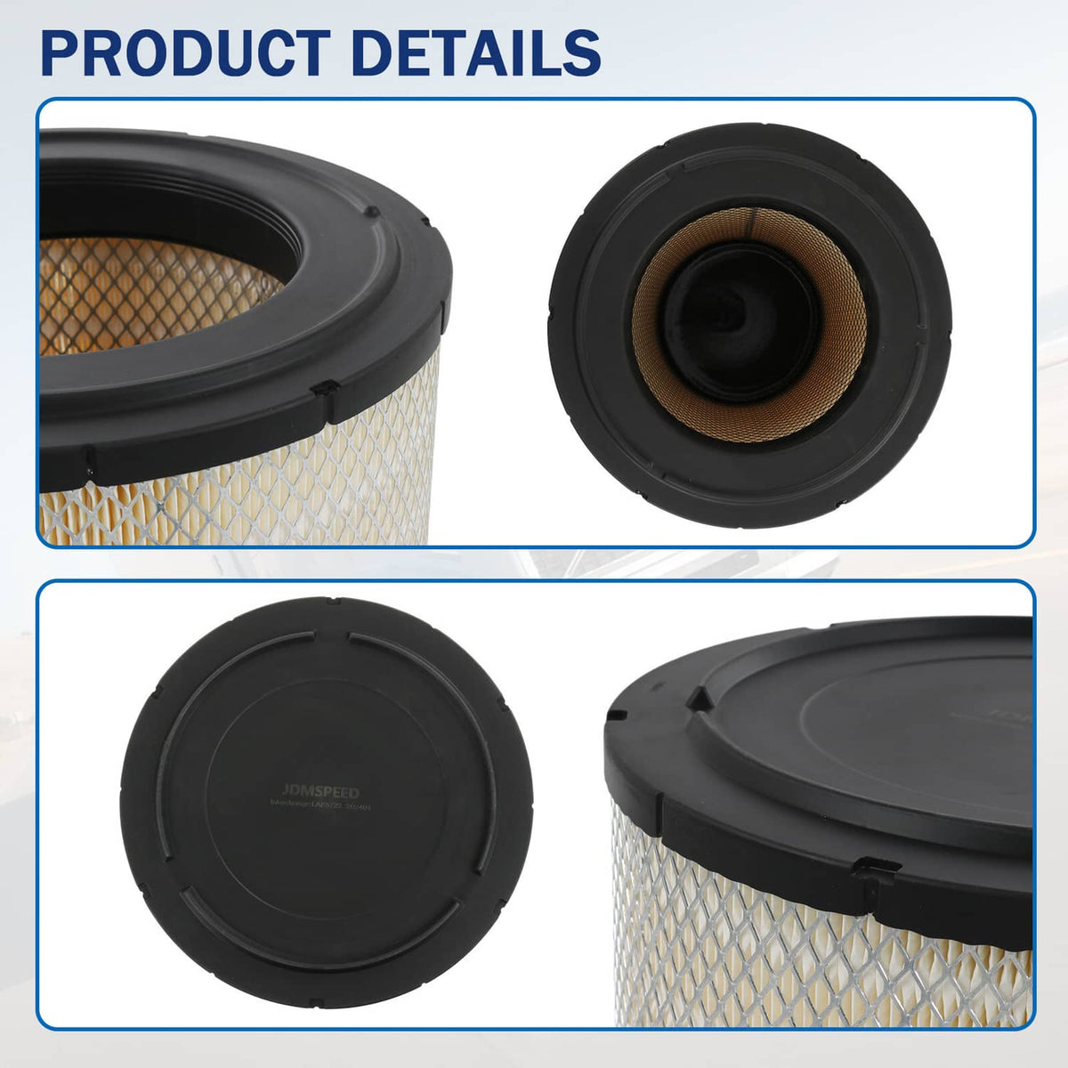 Engine air filter details with black housing, pleated media, and circular end view