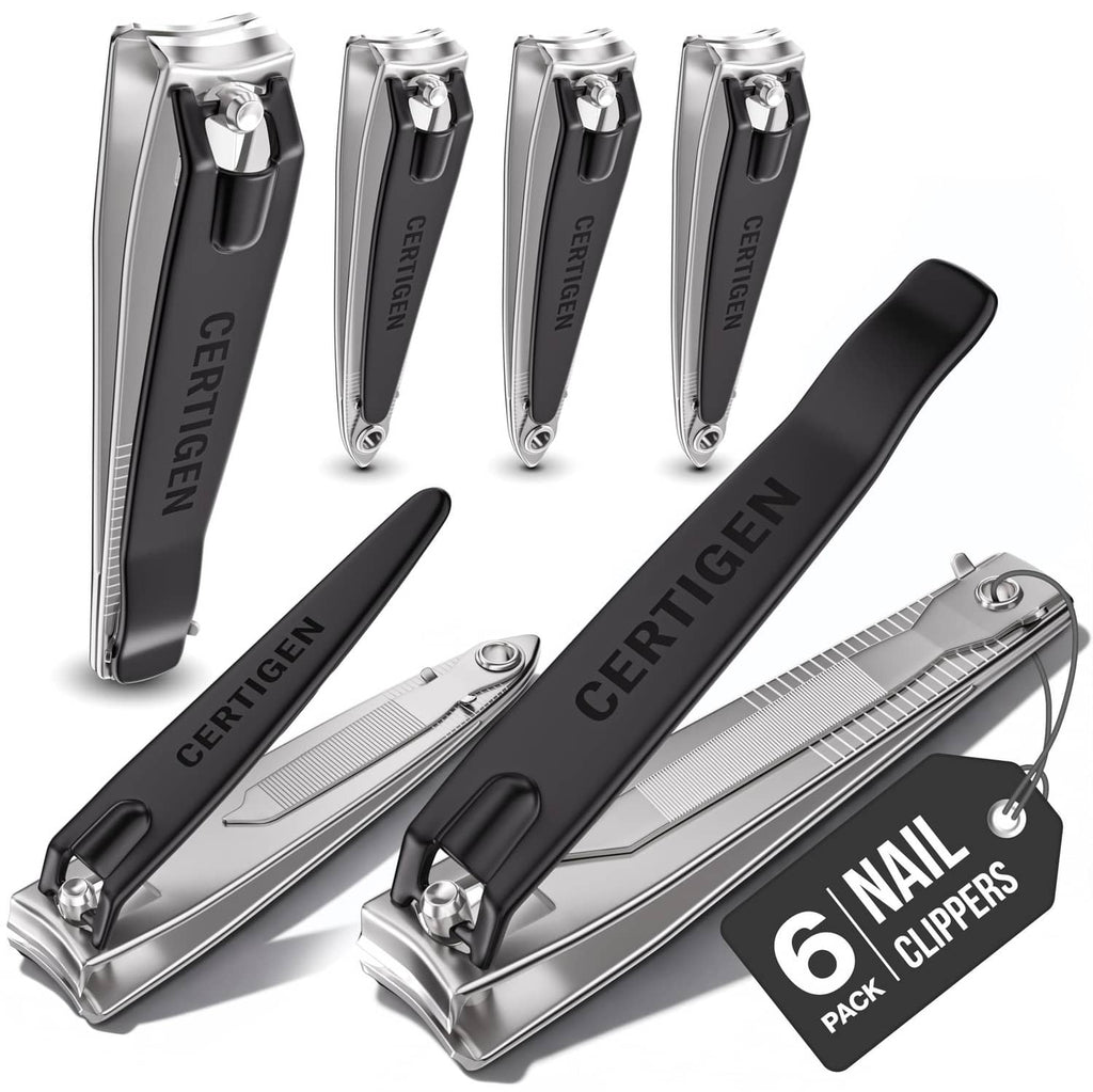 Six-pack nail clipper set with metal blades and black handle, multiple sizes