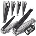 Six-pack nail clipper set with metal blades and black handle, multiple sizes