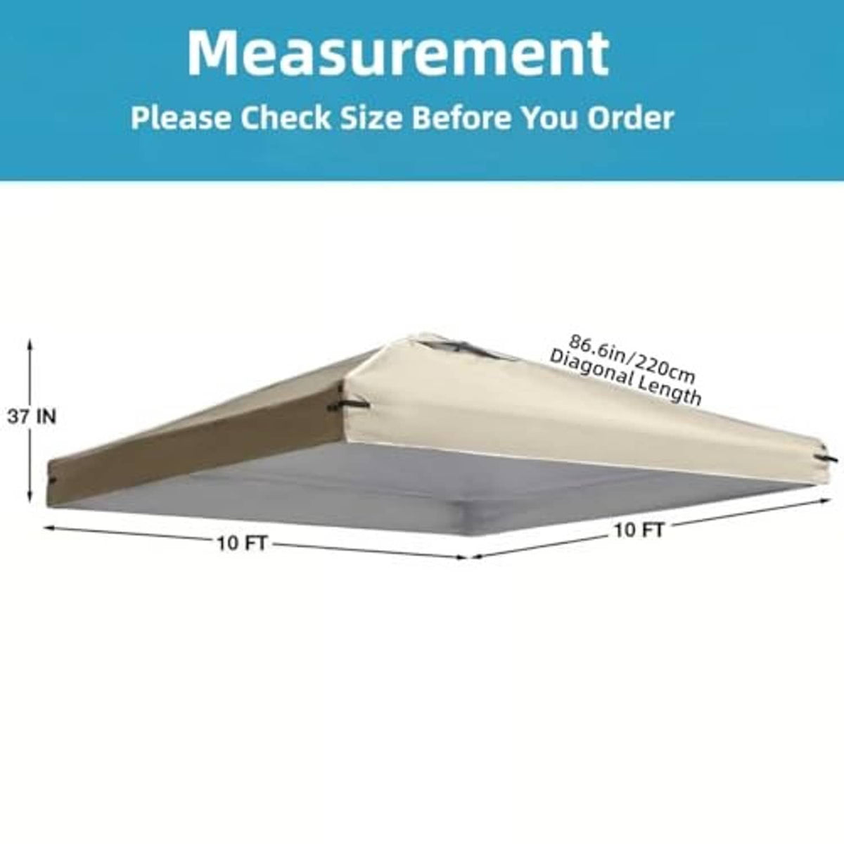 Beige canopy replacement top cover with air vent, 10 ft square dimensions shown
