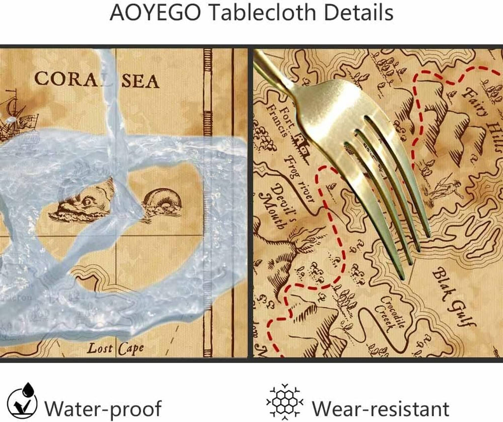 Waterproof map-pattern tablecloth detail with water-resistant coating shown