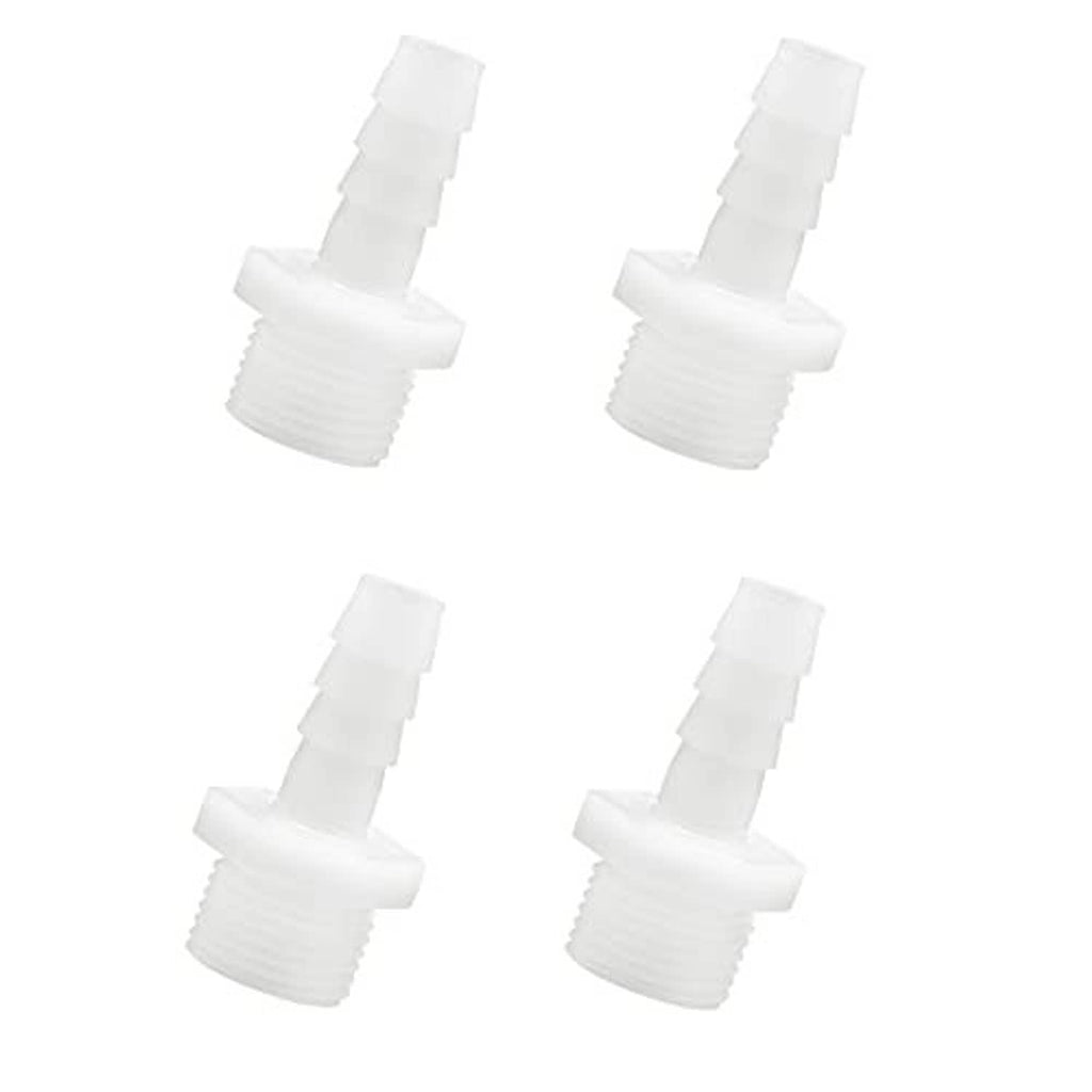 Set of 4 white plastic hose barb adapters with barbed ends and 1/2 in NPT male threads