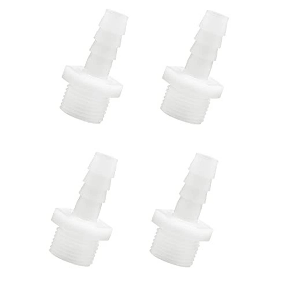 Set of 4 white plastic hose barb adapters with barbed ends and 1/2 in NPT male threads