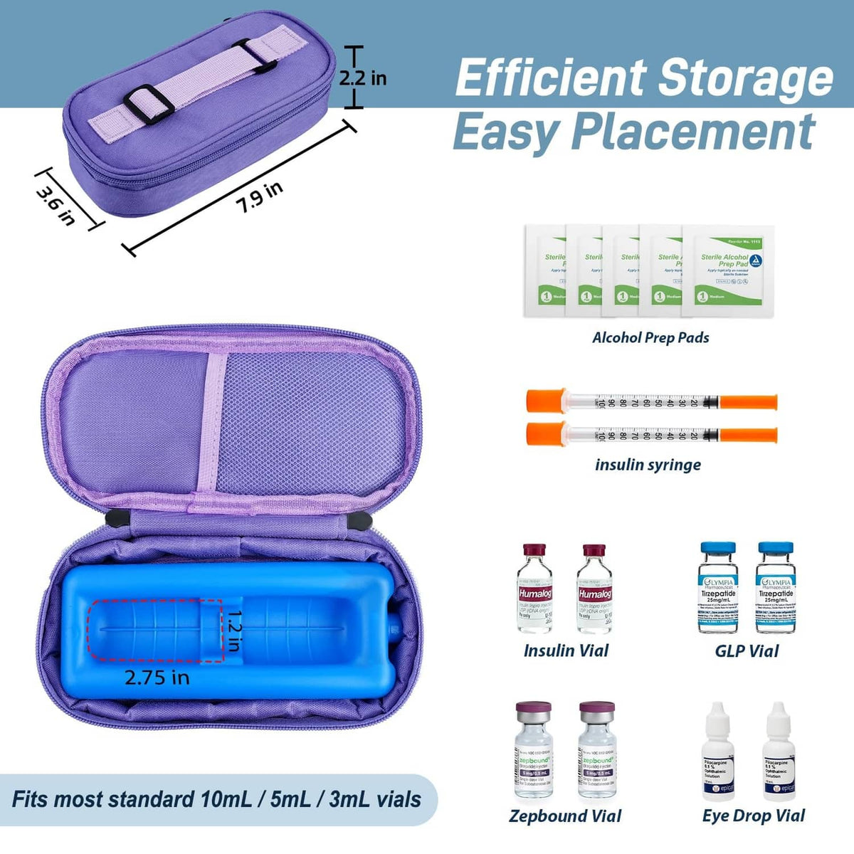 Purple insulin vial cooler travel case with blue insert for storing insulin vials