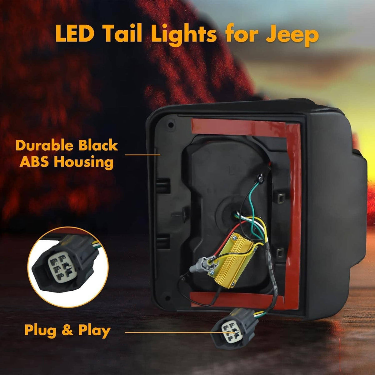 Rear LED tail light housing in black ABS with exposed wiring and connector