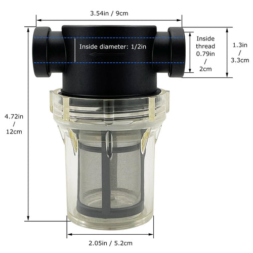 Black inline NPT strainer with clear cup filter housing and threaded pipe connections