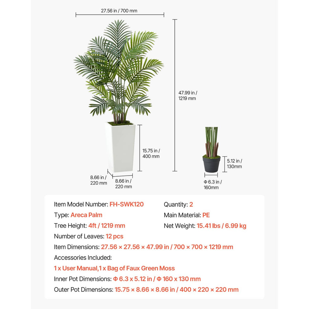 Artificial areca palm tree with green fronds in a white pot, dimensions shown