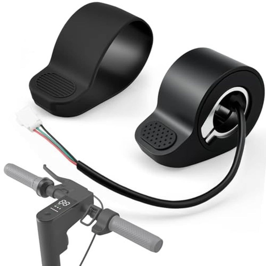 Black thumb throttle accelerator with protective cover, cable, and connector (side view)