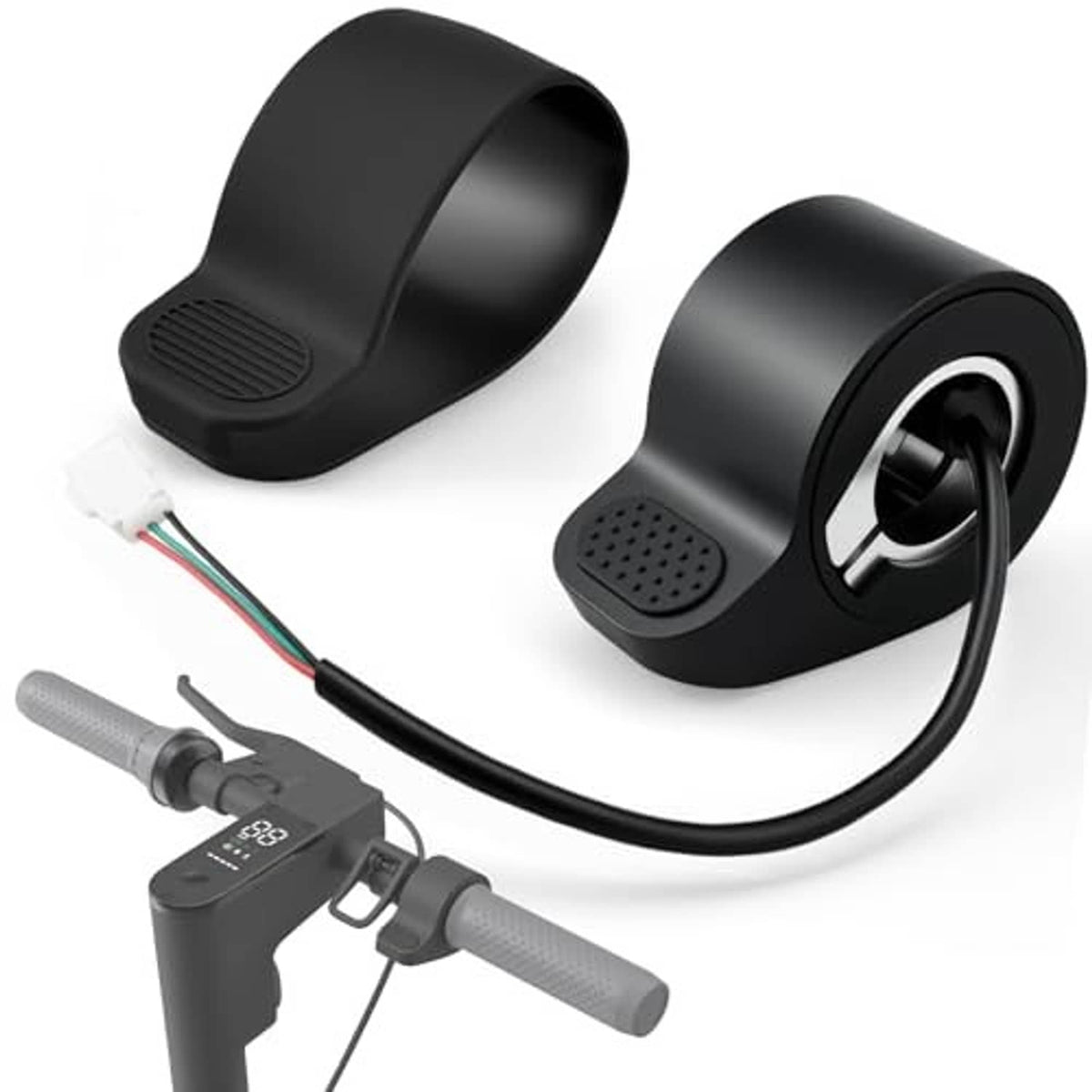 Black thumb throttle accelerator with protective cover, cable, and connector (side view)