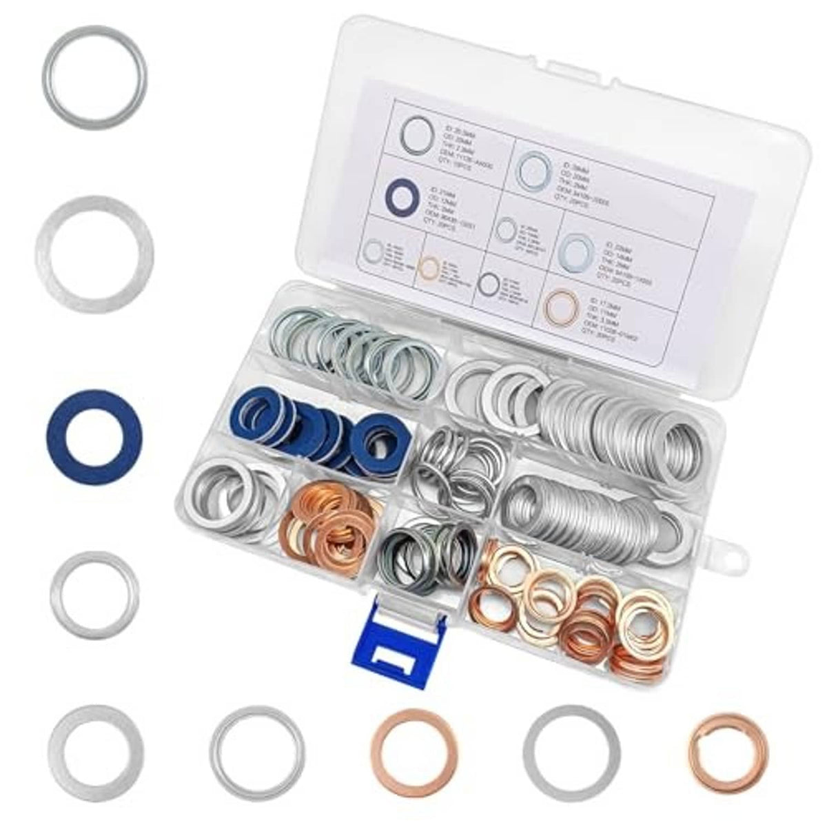 Oil drain plug gasket assortment in clear case, mixed copper, silver, and blue rings