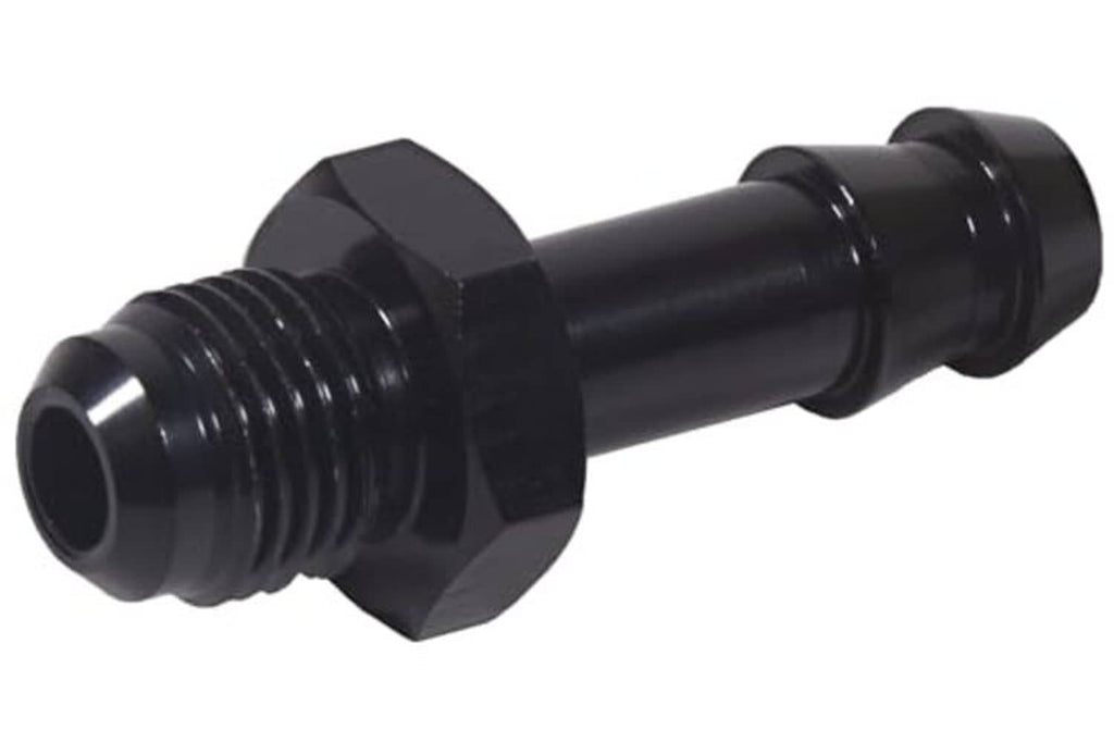 Black AN male straight adapter fitting with hex section and barbed end