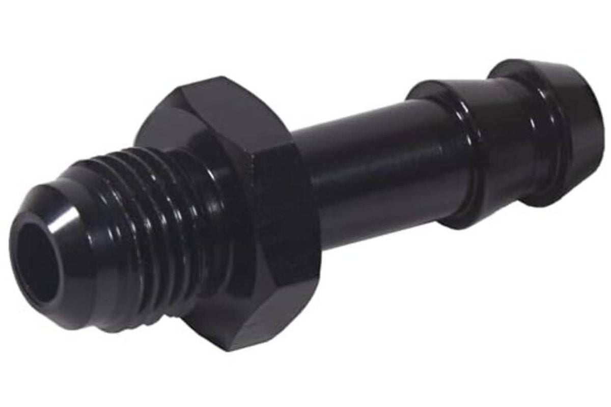 Black AN male straight adapter fitting with hex section and barbed end