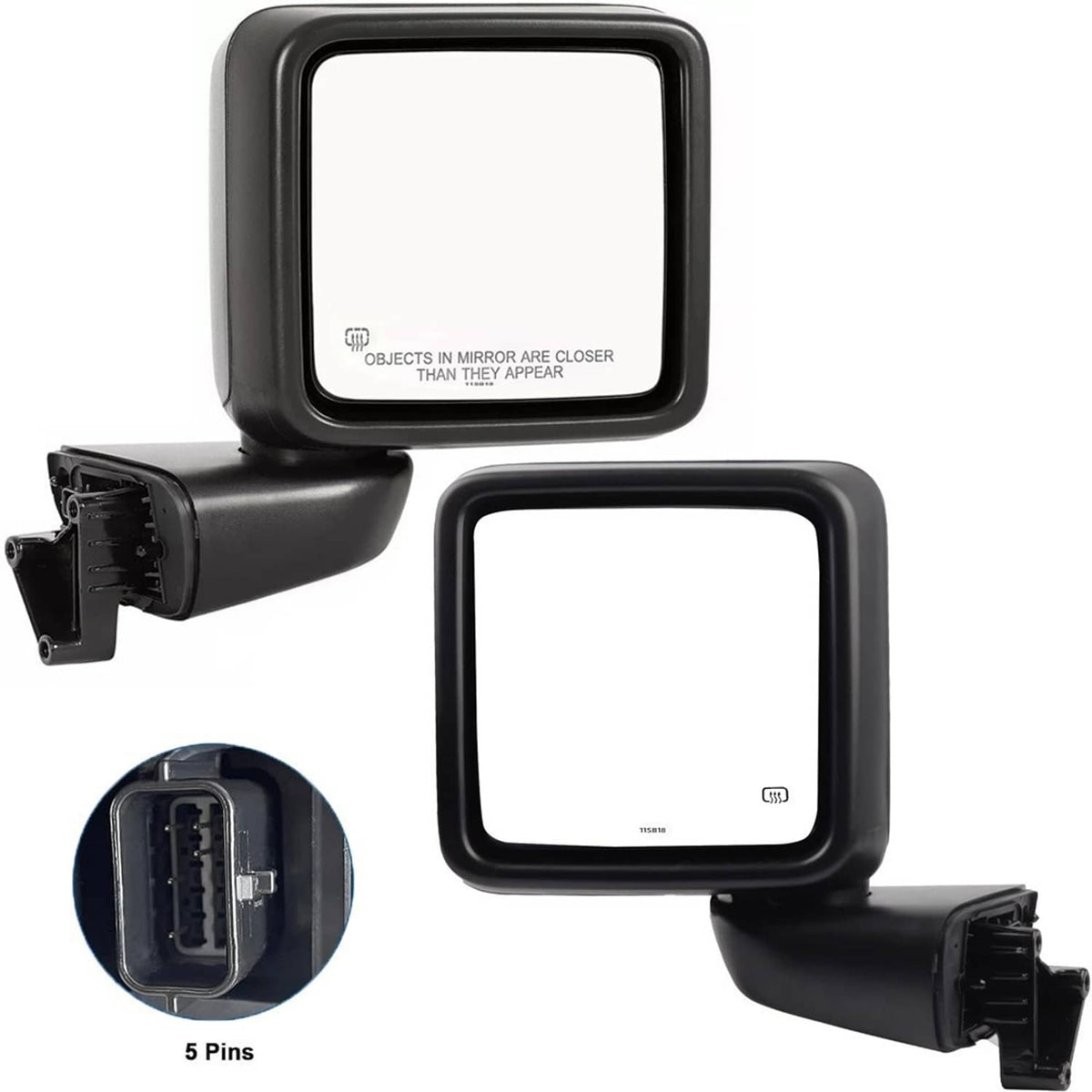 Pair of black power heated side mirrors with visible 5-pin connector and base mounts