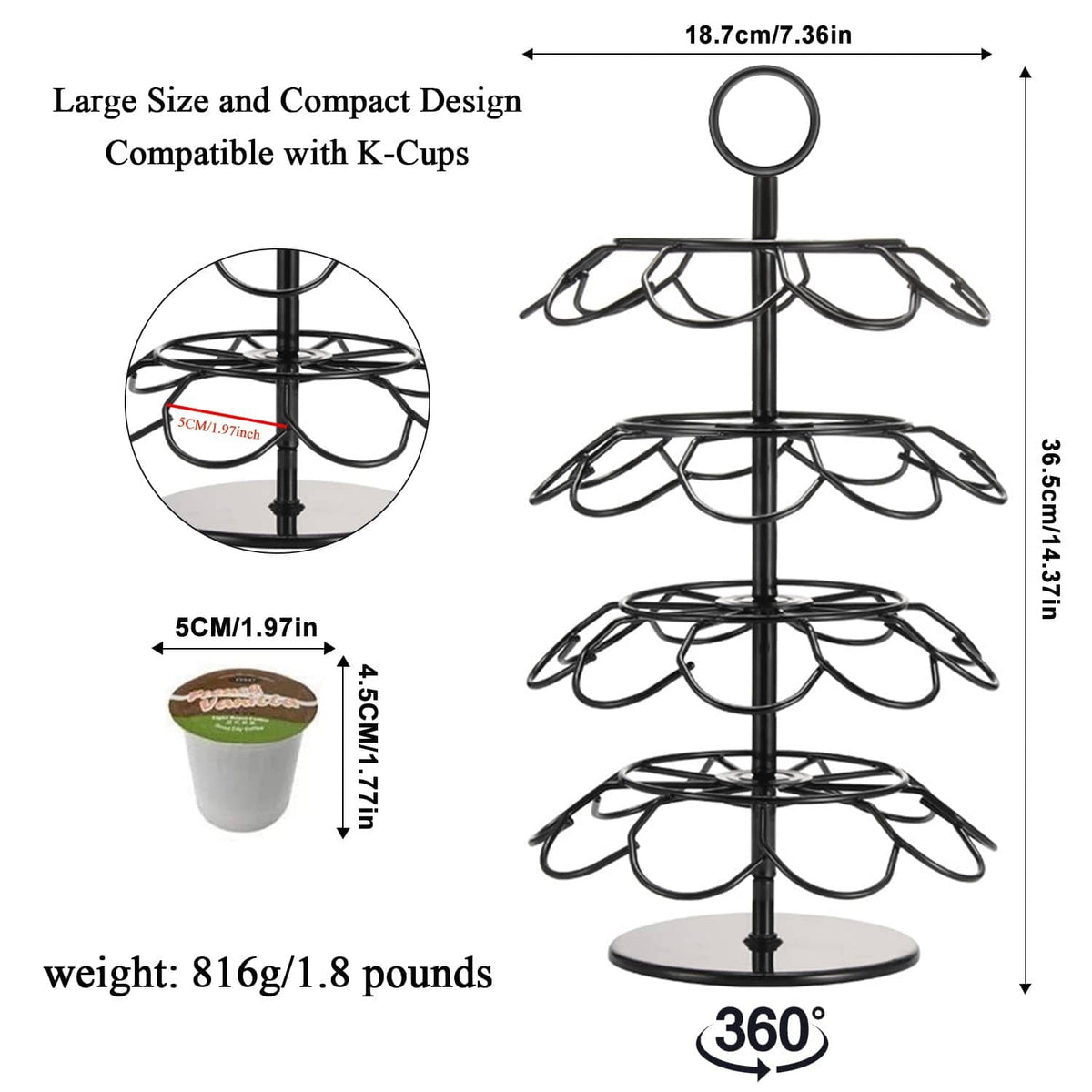 Black K-cup carousel holder with three tiers, circular top ring, and round base