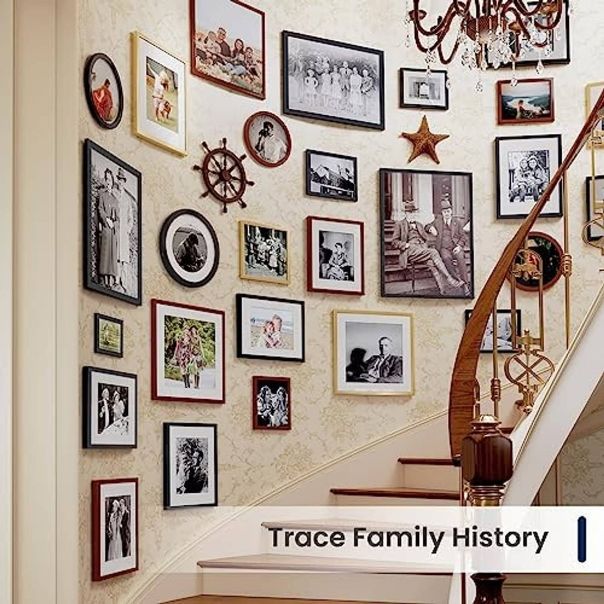 Black photo frames arranged in a hallway gallery wall