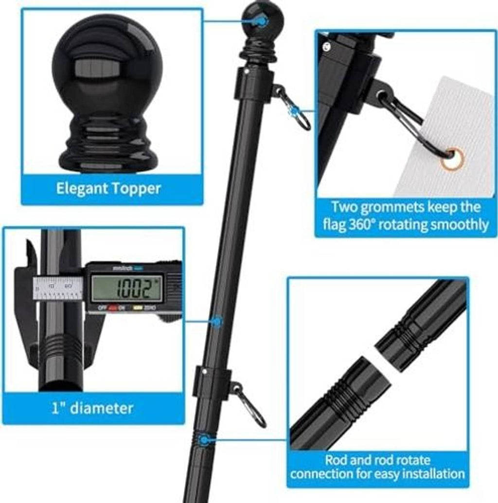 Black flag pole topper with rotating ring and attachment hardware for smooth flag movement