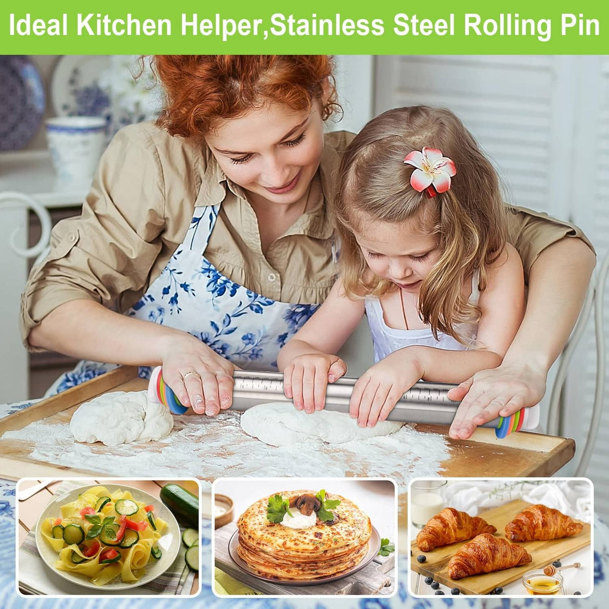 Stainless rolling pin with thickness rings used to roll dough on a baking board
