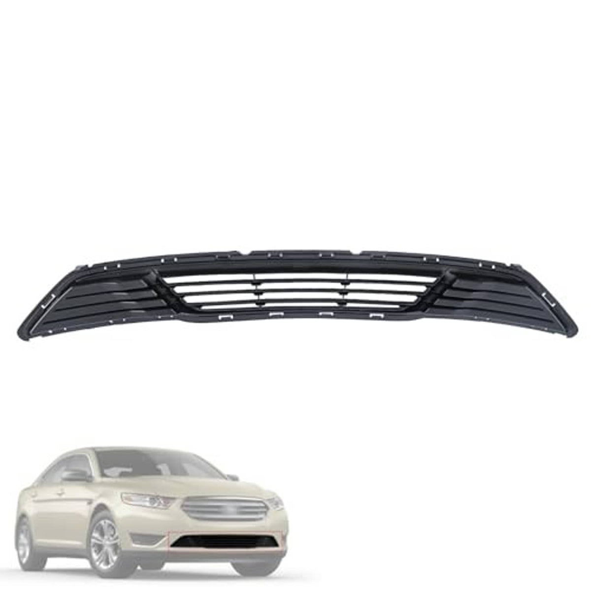 Black front bumper lower grille insert with multiple horizontal bars and side fins