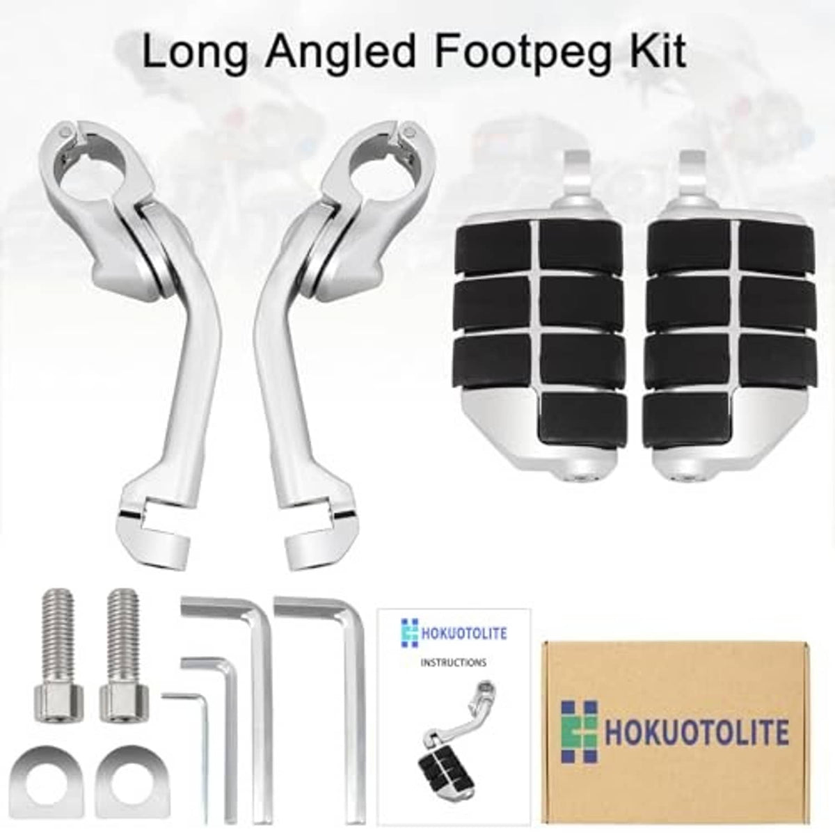 Long angled foot peg kit: two chrome pegs, black rubber pads, and installation hardware
