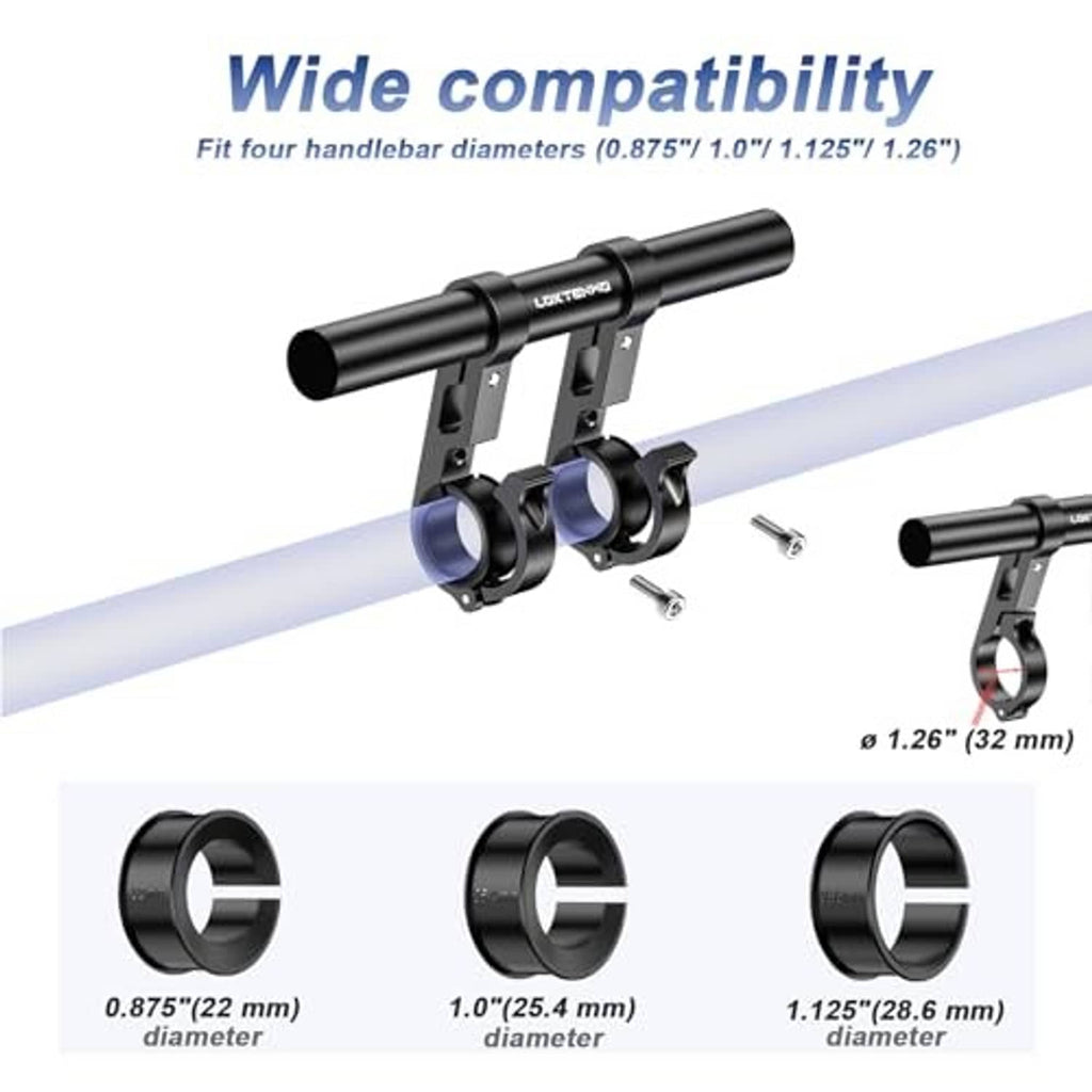 Black bike handlebar extender with dual clamps sized for multiple handlebar diameters