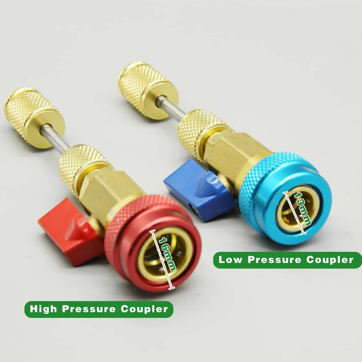 R134A high- and low-pressure AC valve couplers with gold fittings and red/blue caps