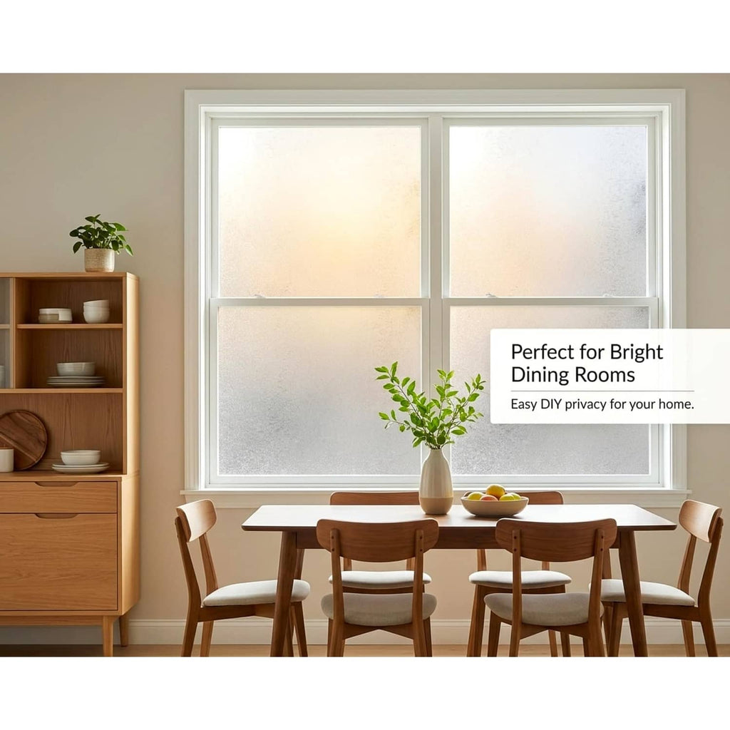 Frosted privacy window film installed on dining room window with textured crystal pattern