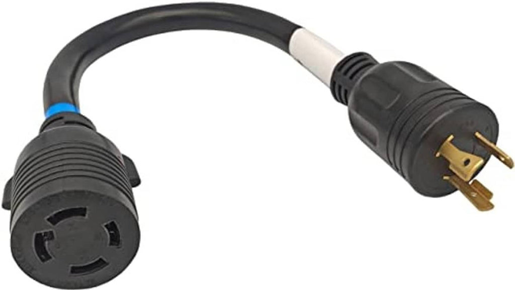 Black generator power adapter cord with blue indicator ring and male 4-prong plug
