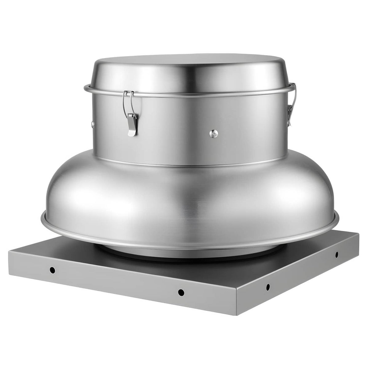 Metal roof exhaust fan attic vent with circular duct outlet and base platform