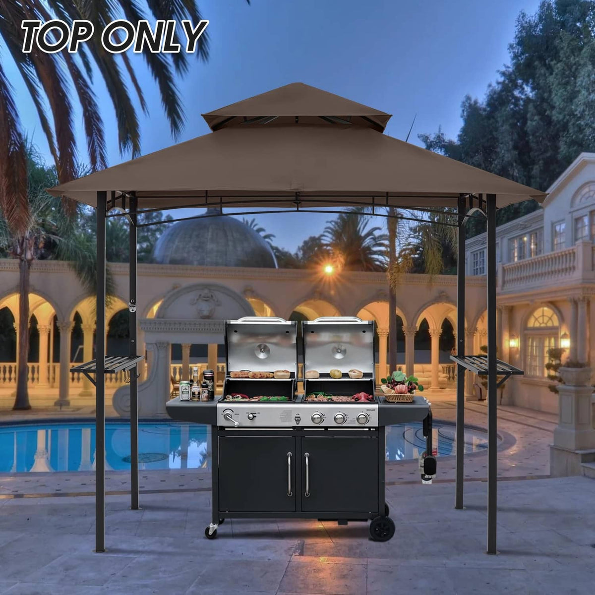 Brown gazebo canopy top mounted on a grill shelter frame, top-only roof cover
