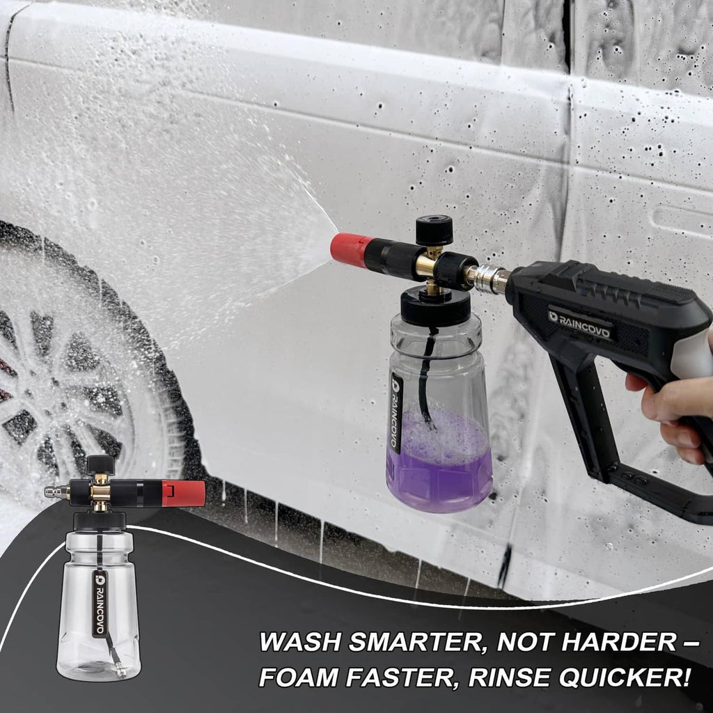 Foam cannon with clear bottle, brass connector, black handle, and red nozzle tube