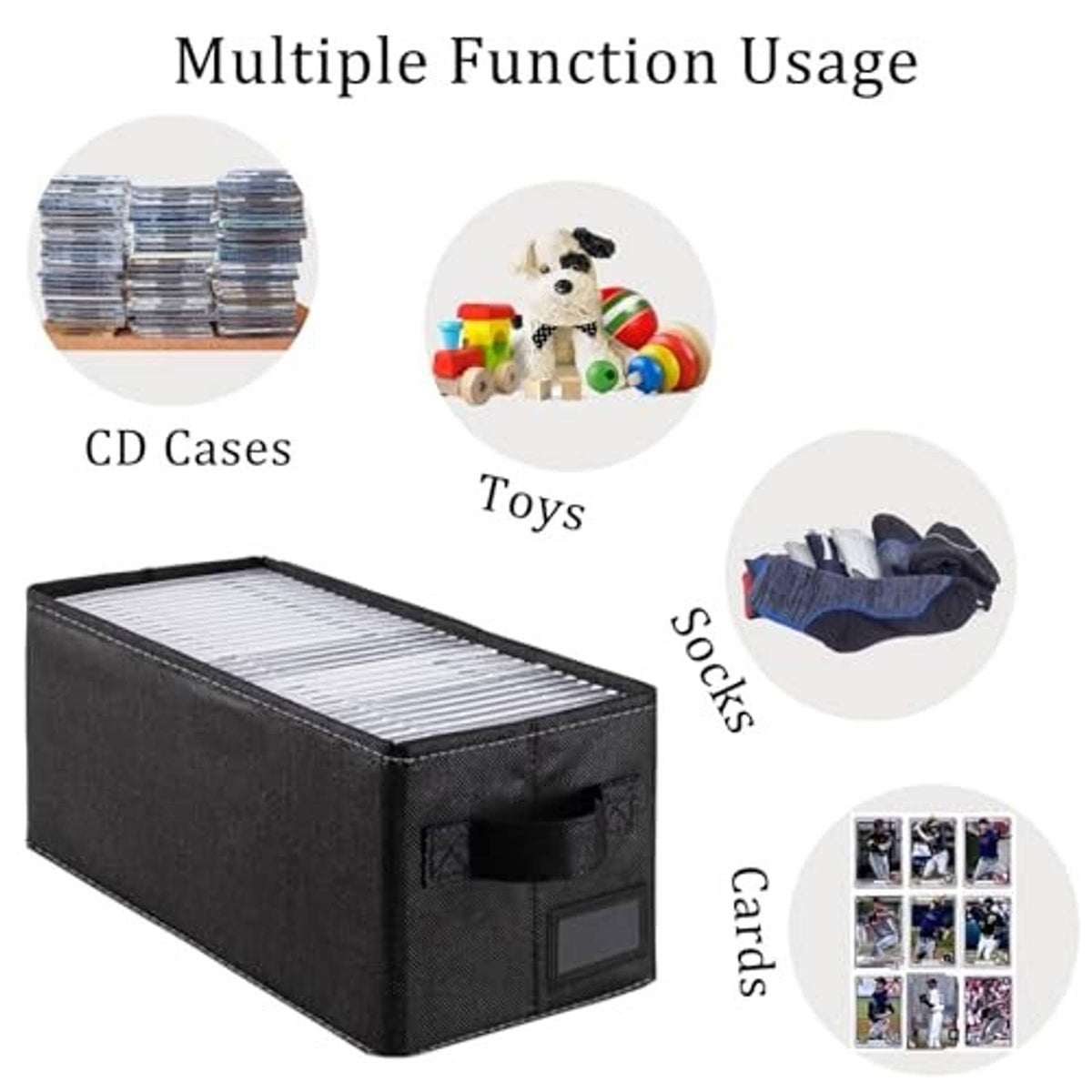 Black fabric CD storage box with open top, stacking lid, and front drawer pocket